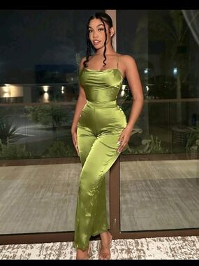 Satin Olive Green Spaghetti-Strap Jumpsuit